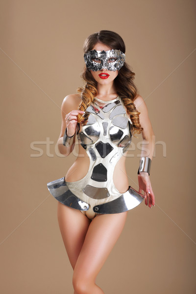 Fancy Dress Party. Woman in Futuristic Glasses and Creative Metallic Costume Stock photo © gromovataya