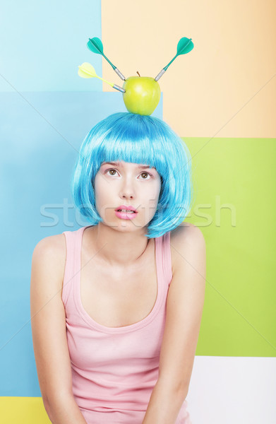 Stylized Woman with Apple on her Blue Haired Head. Series of Photos Stock photo © gromovataya