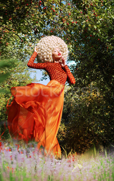 Extravagante mulher vestir luxuoso peruca falso Foto stock © gromovataya