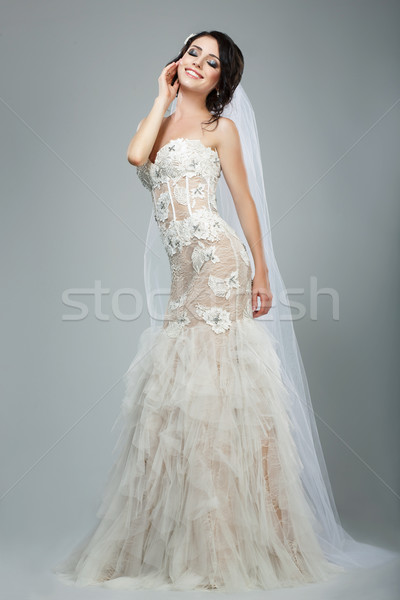 Dreaminess. Full Length of Happy Bride with Closed Eyes in Sleeveless White Dress Stock photo © gromovataya