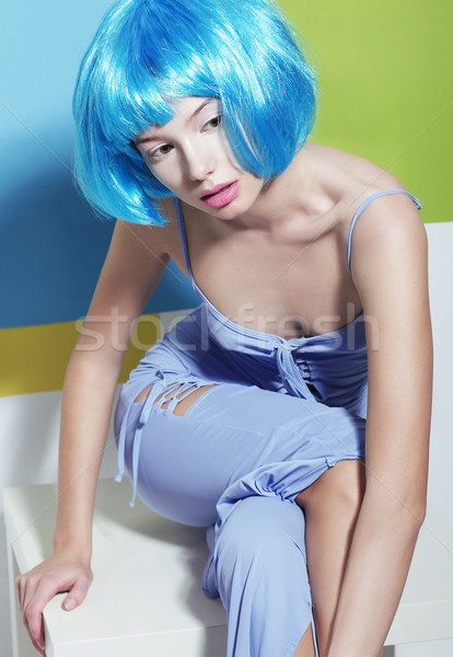 Youth. Cute Asian Girl with Blue Artificial Dyed Hairs Sitting Stock photo © gromovataya
