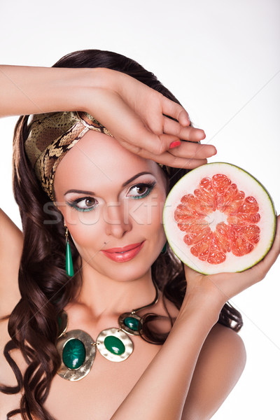 Stockfoto: Mooie · brunette · half · vers · grapefruit