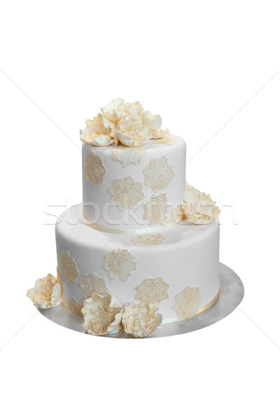ストックフォト: エレガントな · ウェディングケーキ · ベージュ · 花 · 孤立した · 白
