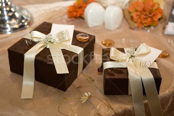 Coffrets cadeaux bois table bougie cadeau présents Photo stock © gsermek