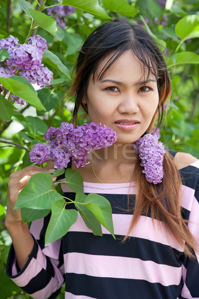 Stock fotó: Gyönyörű · thai · nő · fogszabályozó · park · virág