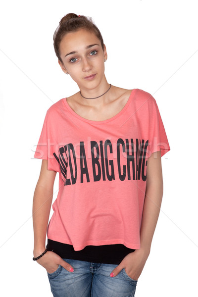 Teenage girl wearing 'I need a big change!' sign on a t-shirt Stock photo © gsermek