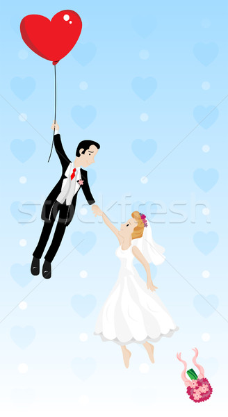 Just married couple flying with a heart shaped balloon Stock photo © gubh83