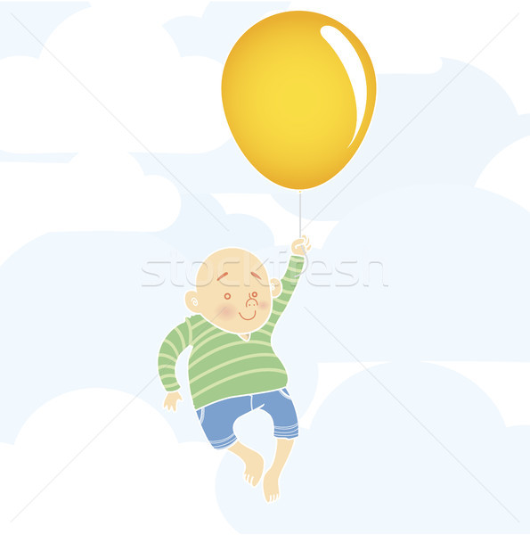 Foto stock: Bochechudo · menino · balão · voador · enorme · laranja