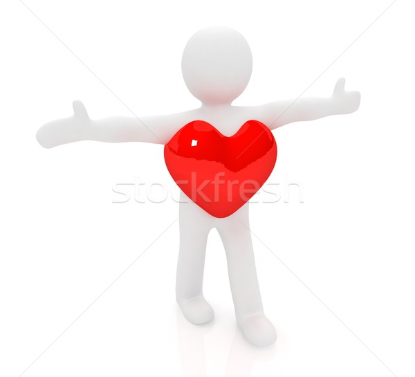Foto stock: 3D · pequeno · homem · coração · imagem · isolado