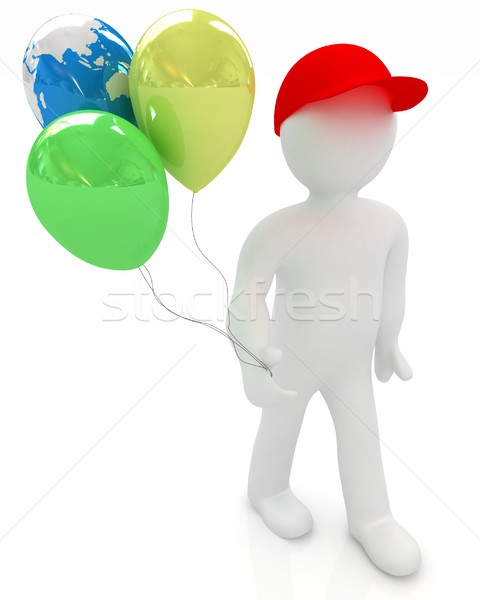 3d man keeps balloons of earth and colorful balloons . Global ho Stock photo © Guru3D