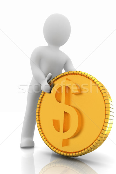Foto stock: 3D · pequeno · homem · ouro · dólar · moeda