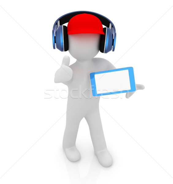 3d white man in a red peaked cap with thumb up, tablet pc and he Stock photo © Guru3D