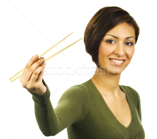 Genç kadın Çin yemek çubukları hiçbir şey el yüz Stok fotoğraf © Habman_18