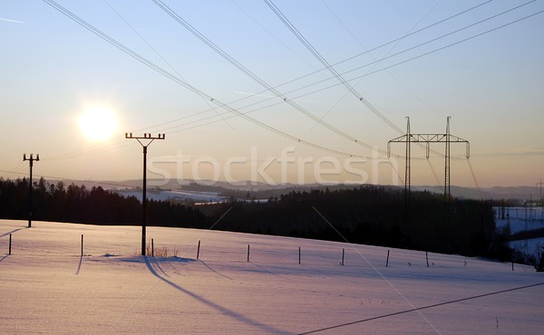 [[stock_photo]]: Hiver · coucher · du · soleil · paysage · pouvoir · ligne · arbre