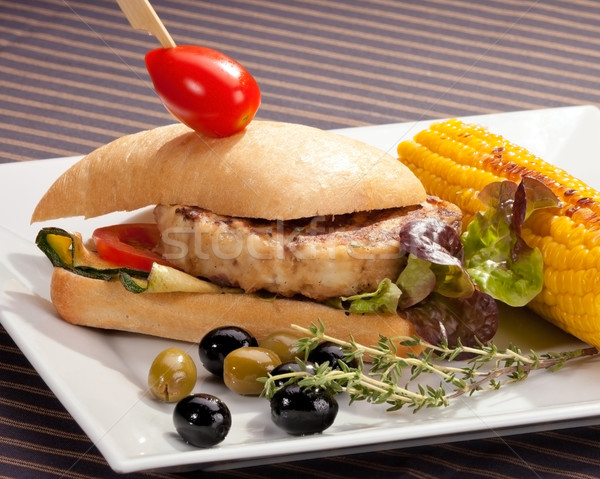 Sandwich w meat grilled corn and aubergine Stock photo © hanusst