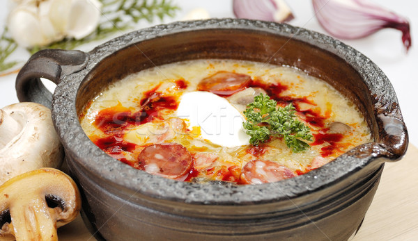 гриб суп жареный колбаса продовольствие свет Сток-фото © hanusst