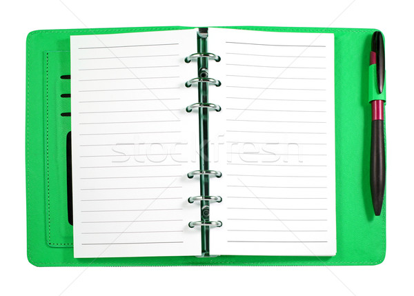 Grünen Leder Notebook Stift isoliert weiß Stock foto © happydancing