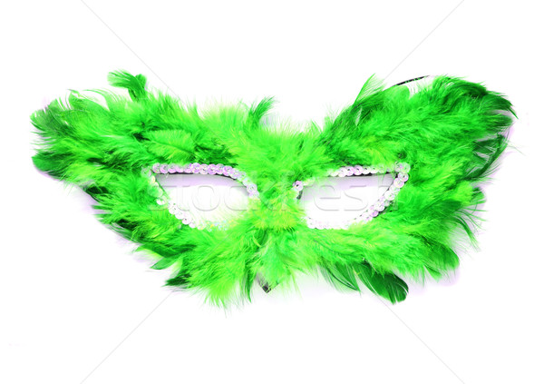 Stockfoto: Groene · masker · veren · witte · Blauw · gezicht