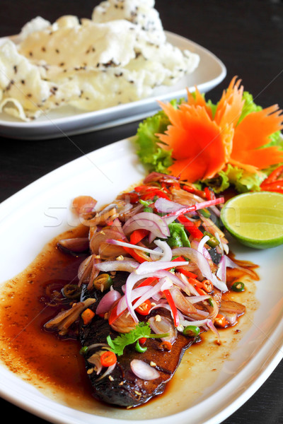 Herb spicy salad with Saba fish teriyaki sauce (Thai fusion food Stock photo © happydancing