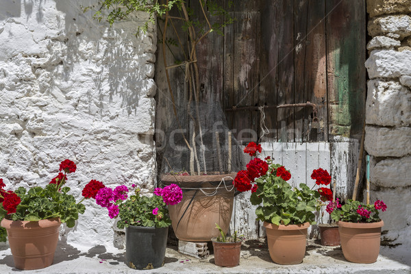 Pots with flowers in front of an old house in Greece Stock photo © haraldmuc
