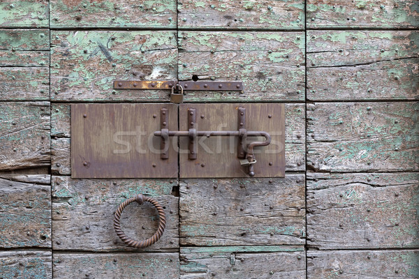 Zárolt fából készült viharvert ajtó fa otthon Stock fotó © haraldmuc
