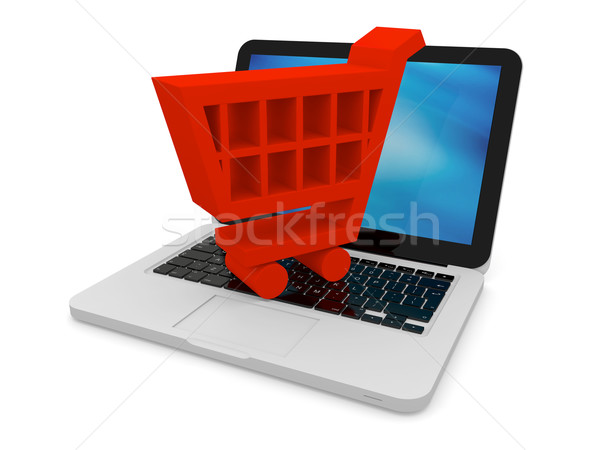 Stock fotó: Piros · bevásárlókocsi · laptop · 3d · illusztráció · szimbólum · számítógép