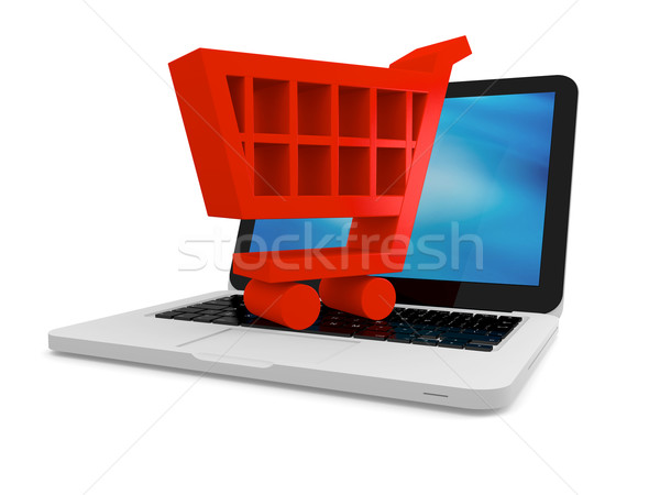 Stock fotó: Bevásárlókocsi · laptop · 3d · illusztráció · szimbólum · számítógép · vásárlás