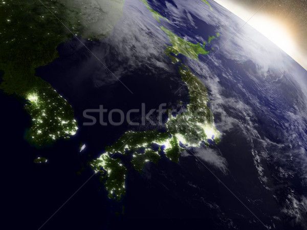 ストックフォト: 日の出 · 日本 · 地域 · 軌道 · スペース · 3次元の図