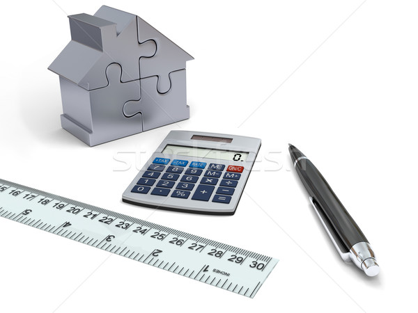 Stockfoto: Huis · financiering · calculator · pen · heerser · zilver