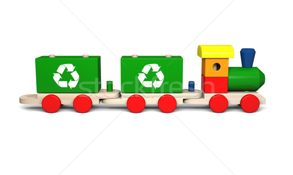 Foto stock: Brinquedo · de · madeira · trem · ilustração · 3d · colorido · reciclagem · símbolos