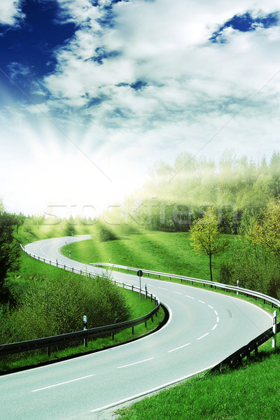 [[stock_photo]]: Courbe · autoroute · lumineuses · soleil · ciel · arbre