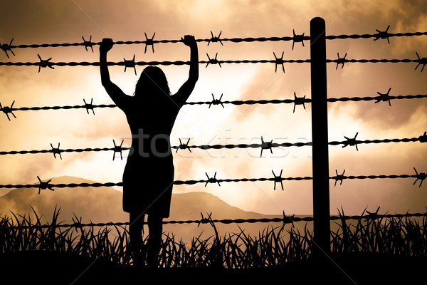 Drutu kolczastego ludzi za wojny drutu wolna Zdjęcia stock © Hasenonkel