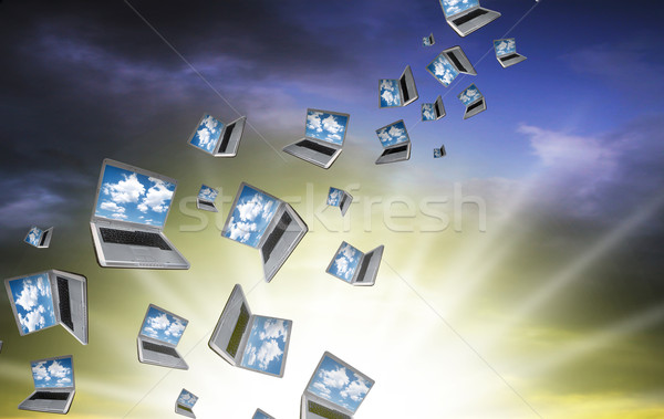 Veel laptops vliegen wolken computer internet Stockfoto © Hasenonkel