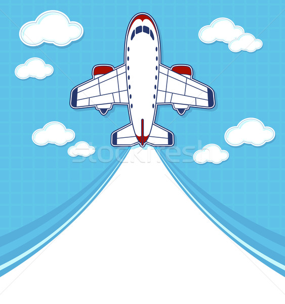 Um avião comercial em um estilo de desenho animado em um fundo de