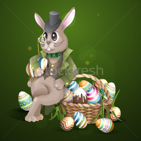 Foto stock: Conejo · de · Pascua · cesta · completo · pintado · huevos · de · Pascua · eps