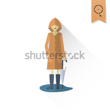 Stock photo: Woman with Umbrella and Raincoat on the Puddle