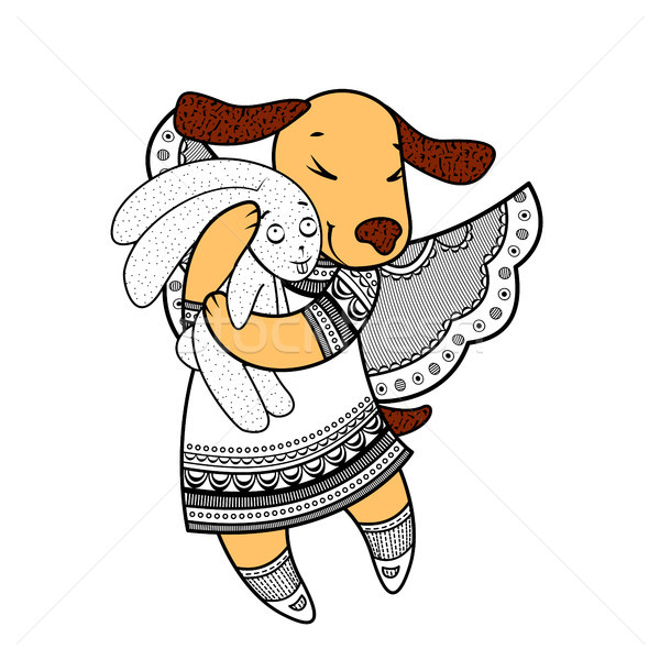 Lovely dog with wings in beautiful clothes with a plush rabbit in the paws. Stock photo © heliburcka