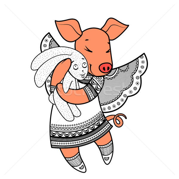 Lovely pig with wings in beautiful clothes with a plush rabbit in the paws. Stock photo © heliburcka