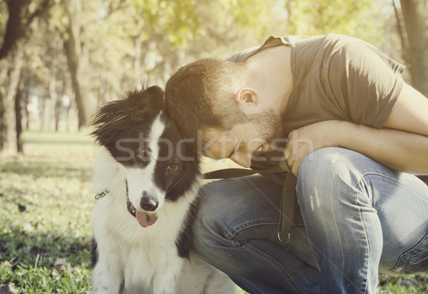 Foto stock: Homem · cão · jogar · parque · sorrir · natureza