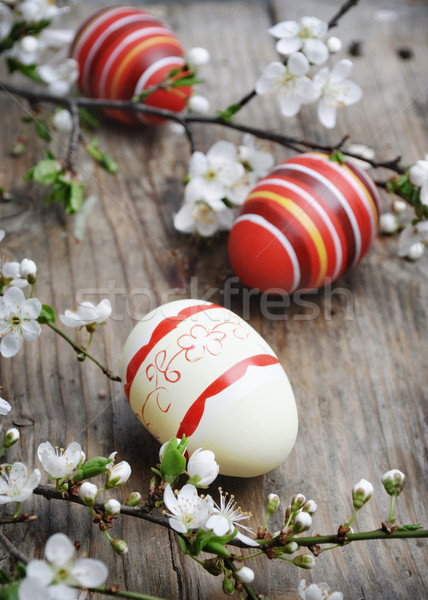 Stockfoto: Paaseieren · kersenbloesem · houten · plank · Pasen · voorjaar