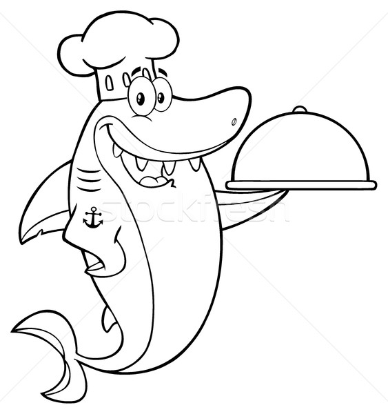 [[stock_photo]]: Blanc · noir · chef · bleu · requin · mascotte · dessinée · personnage