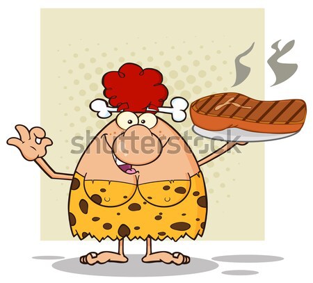 Chef Male Caveman Cartoon Mascot Character Holding A Big Steak And Gesturing Ok Stock photo © hittoon