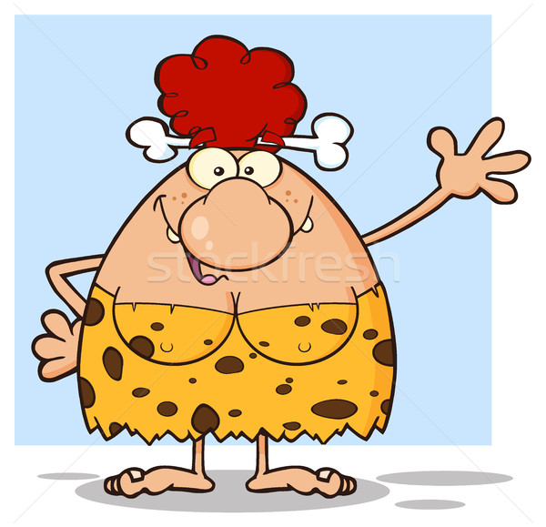 Happy Red Hair Cave Woman Cartoon Mascot Character Waving For Greeting Stock photo © hittoon