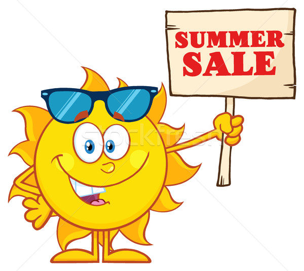 Summer Sun Cartoon Mascot Character With Sunglasses Holding A Wooden Sign With Text Summer Sale Stock photo © hittoon
