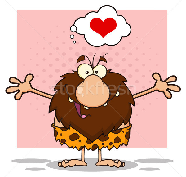 Smiling Male Caveman Cartoon Mascot Character With Open Arms And A Heart Stock photo © hittoon