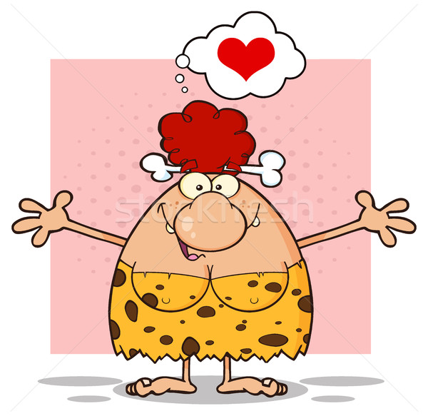 Happy Red Hair Cave Woman Cartoon Mascot Character With Open Arms And A Heart In Speech Bubble Stock photo © hittoon