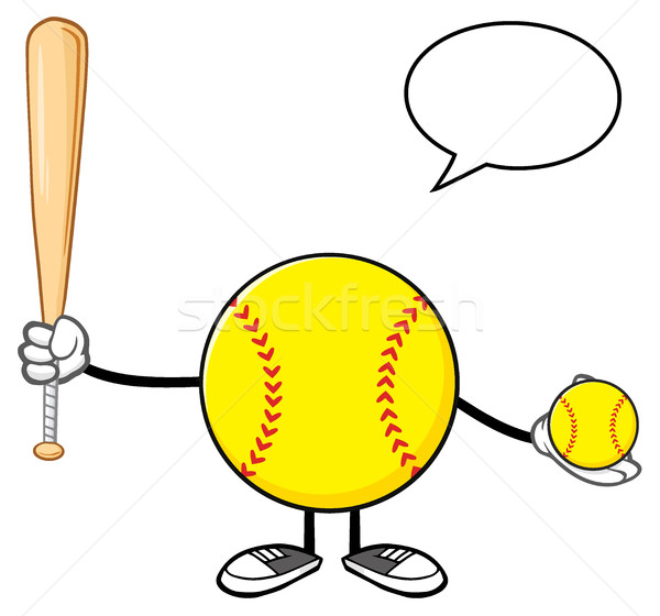 Stock photo: Softball Faceless Player Cartoon Mascot Character Holding A Bat And Ball With Speech Bubble