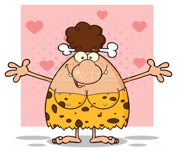 Stock photo: Smiling Brunette Cave Woman Cartoon Mascot Character With Open Arms