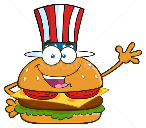 American Burger Cartoon Mascot Character With Patriotic Hat Waving For Greeting Stock photo © hittoon