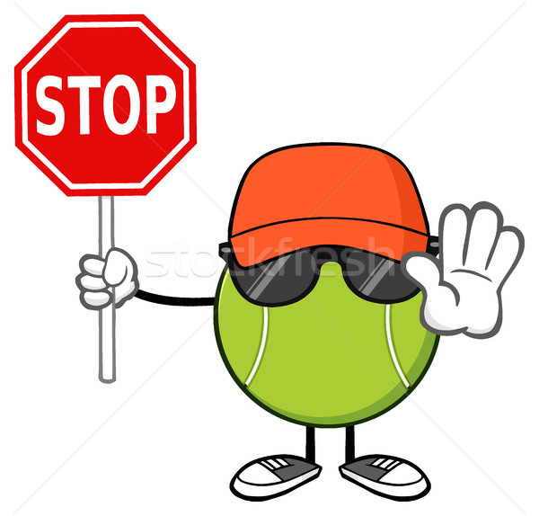 Tennis Ball Faceless Cartoon Mascot Character With Hat And Sunglasses Gesturing And Holding A Stop S Stock photo © hittoon